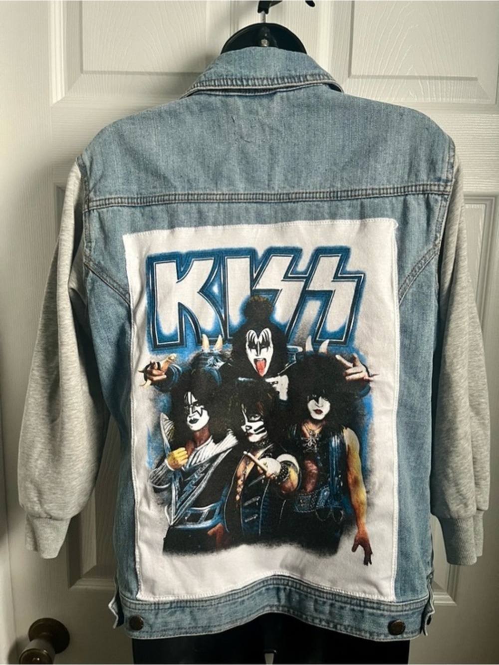 Upcycled Kiss Band Denim Jeans Jacket Blue Gray Emotions Small Women